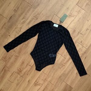 GG Monogram Black Sheer Velvet Mesh Long Sleeve Bodysuit
